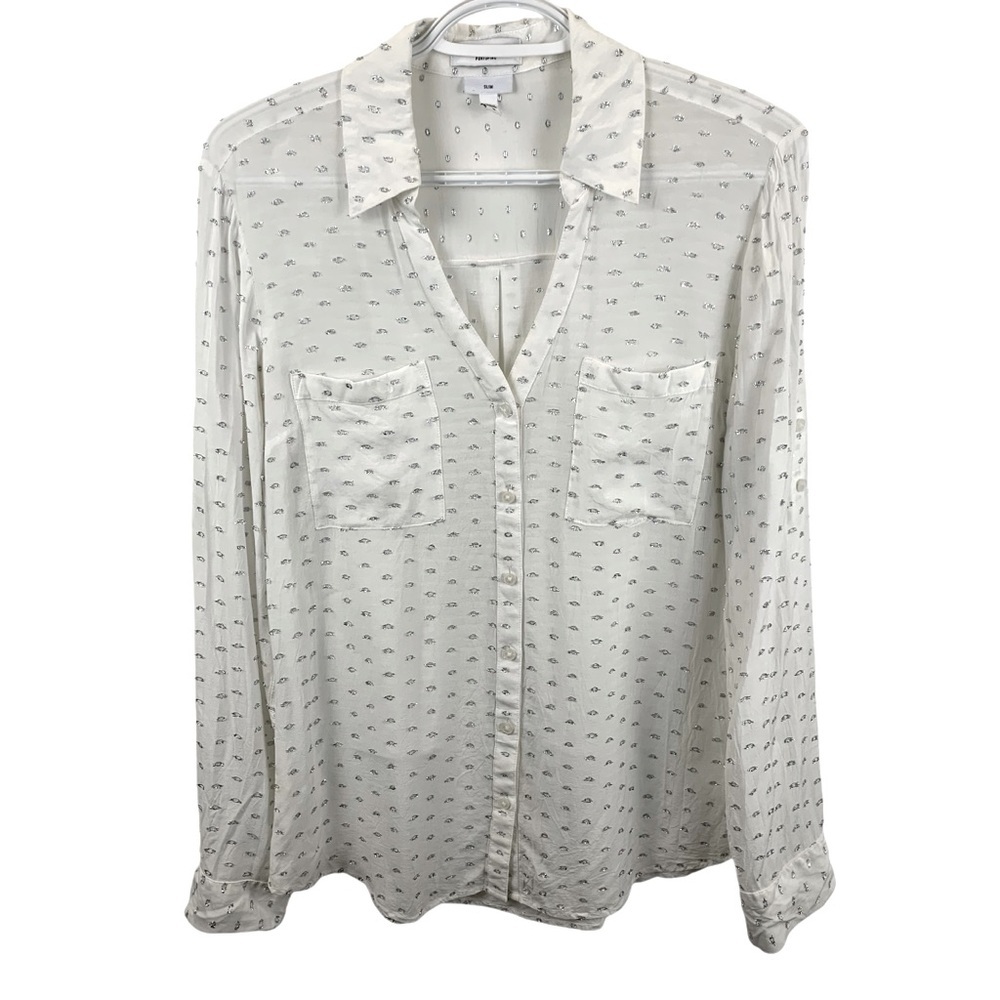 EXPRESS sz M The Portofino Slim Shirt Silver White Dotted Button Down Blouse Top